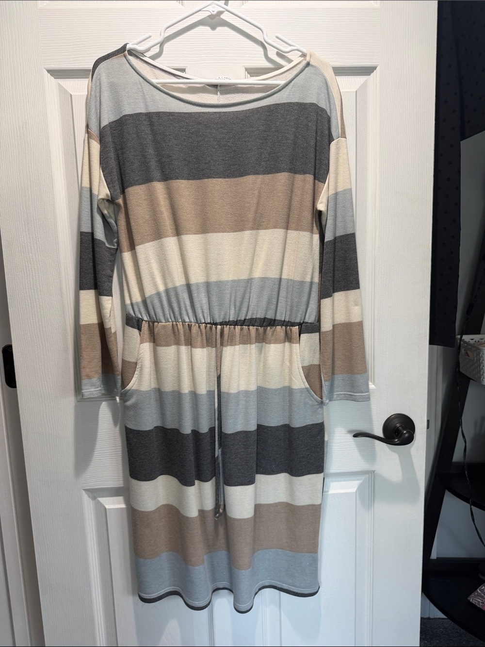 Chris & Carol Striped Long-Sleeve Waist-Tie Dress in Gray, Cream & Tan